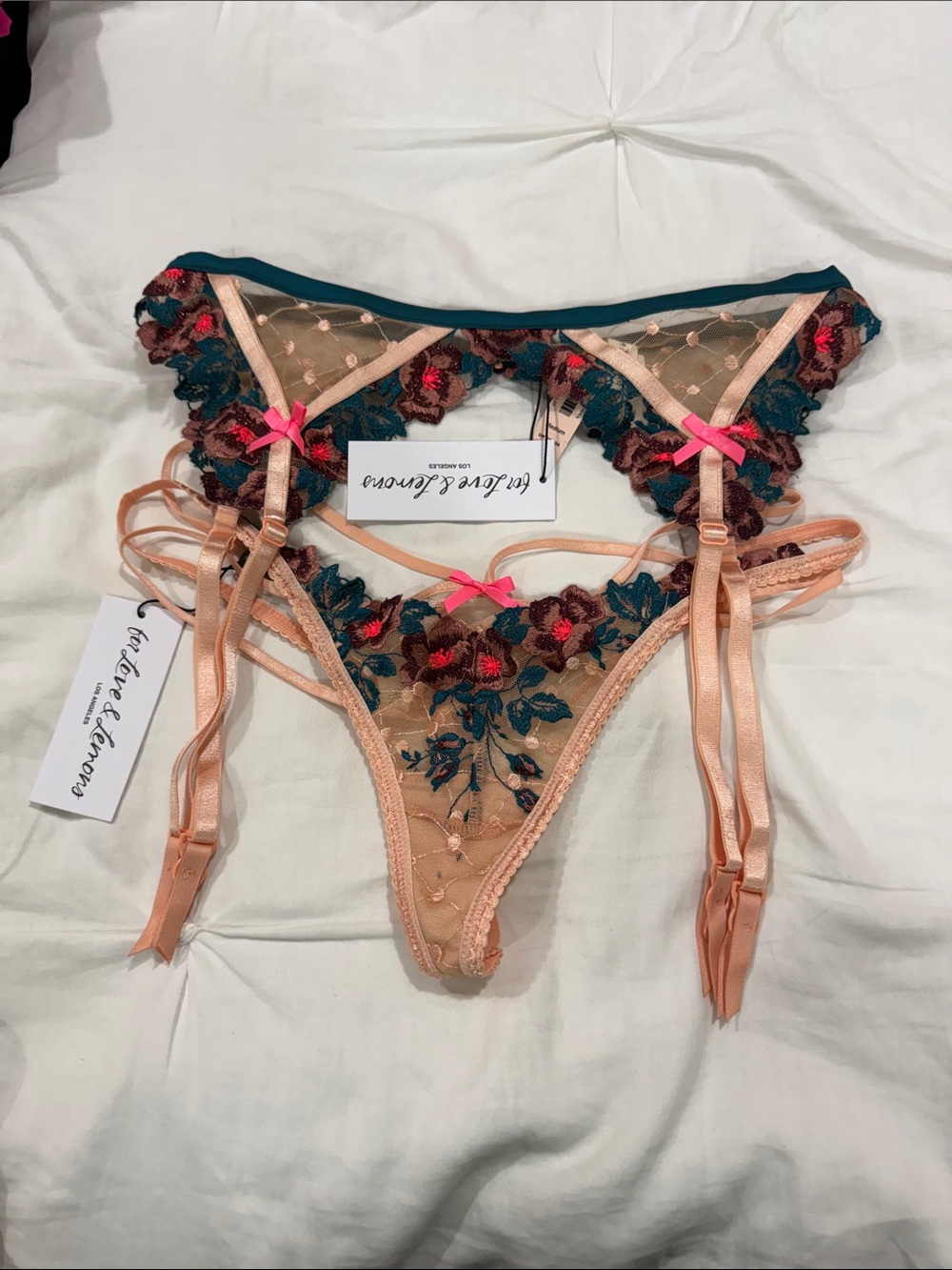 For Love And Lemons Peach Floral Embroidered Lace Thong & Garter Set